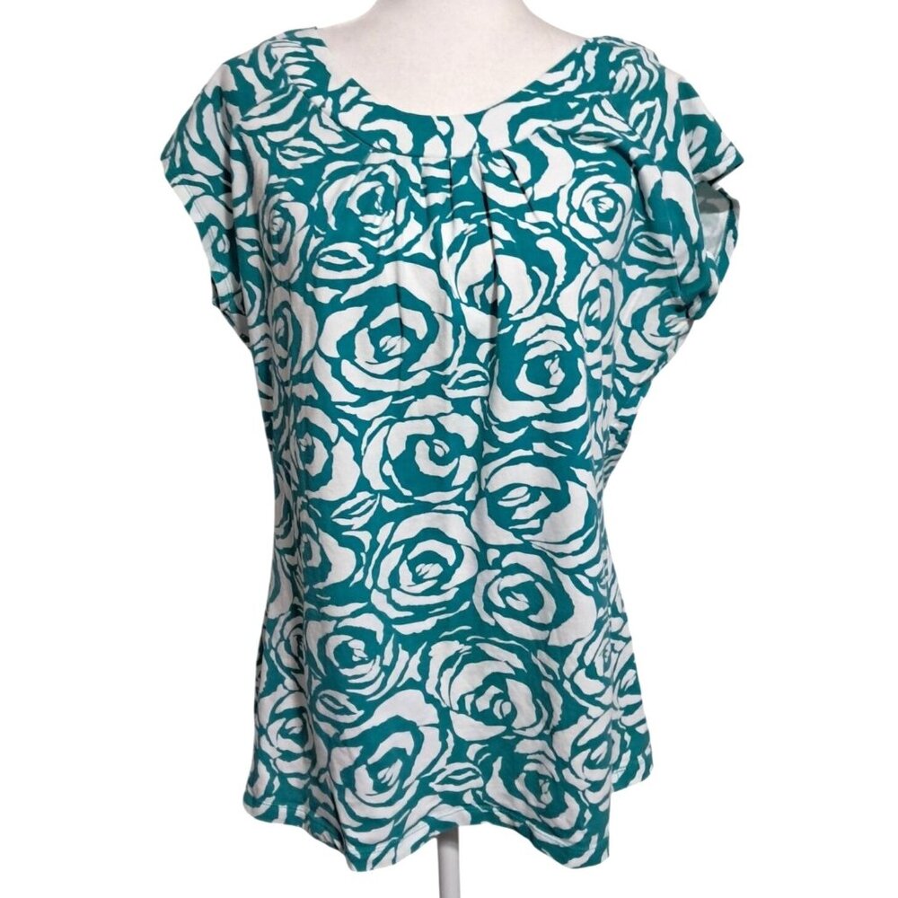 Willow Bay Womens XL Teal & White Floral Flowy Print Short Sleeve Top